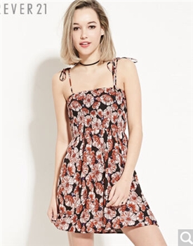 FOREVER21 甜美花朵抽褶吊带连衣裙 黑色/铁锈色 S